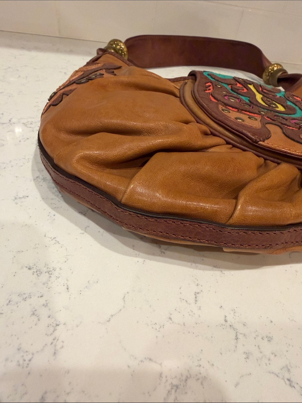Y2K Colorful Western Brown Leather Shoulder Bag with Multicolor and Stud Flap - Picture 10 of 16